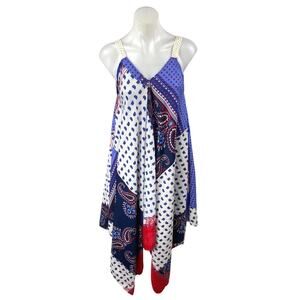 Bella Moda Multicolor Paisley Sleveless V-neck Asymmetric Midi A-line Dress Sz S